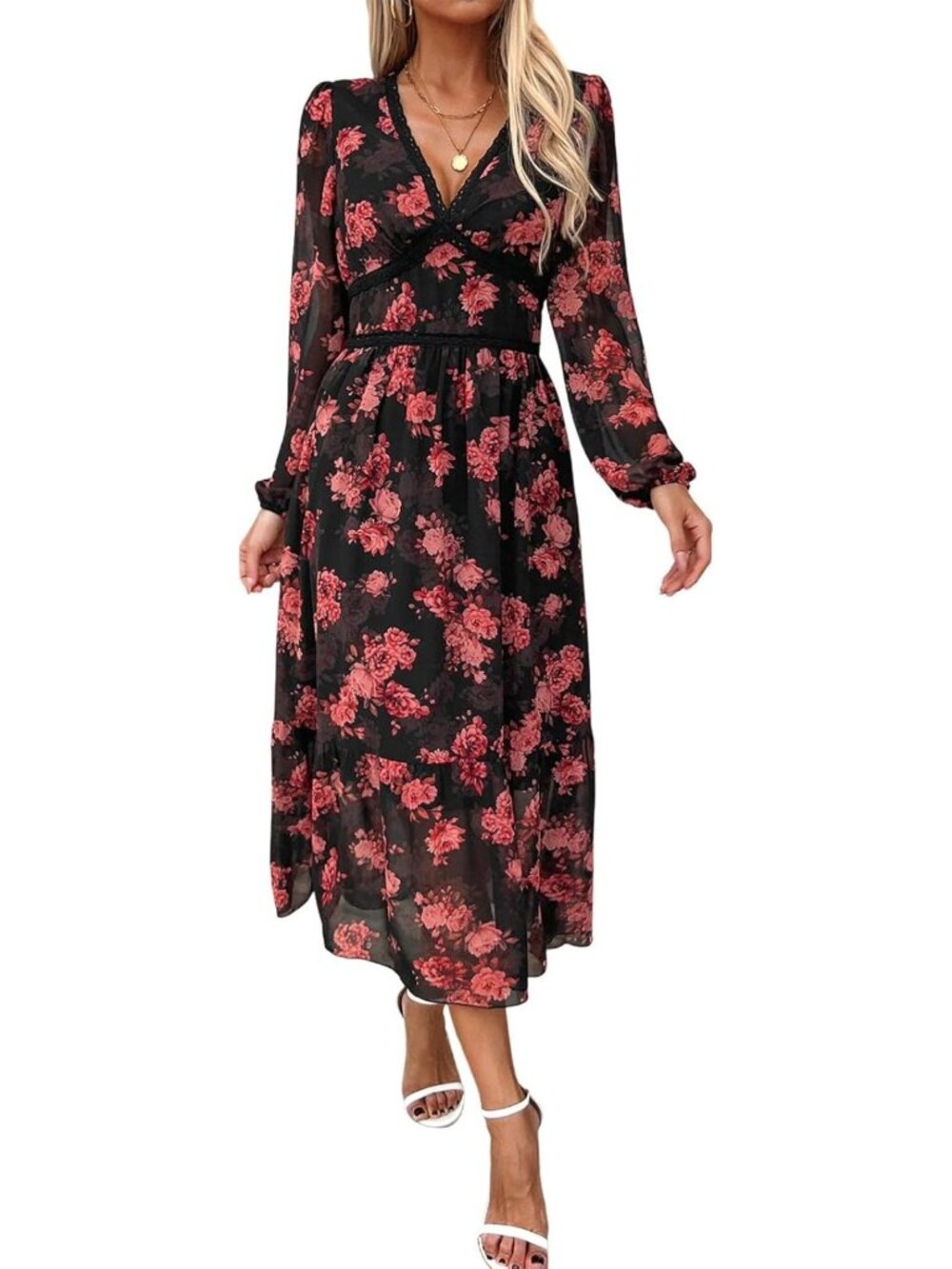 Floral V-Neck Long Sleeve Maxi Dress - Spring Wedding Guest & Casual Chiffon
